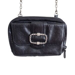 Brighton Black Leather Mini Chain Strap Crossbody Evening Purse Silver‎ Buckle